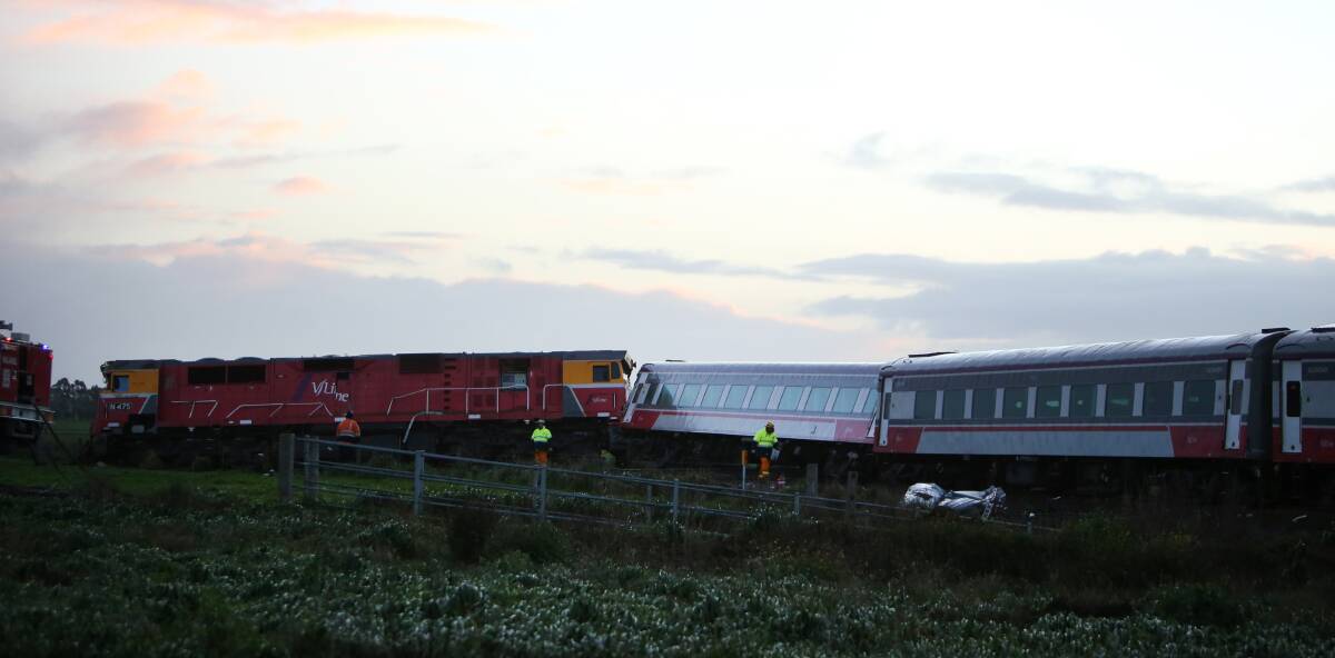 Shock accident: The Vline train ran off its tracks when it collided with a truck at Pirron Yallock near Colac on Wednesday. Picture: Amy Paton