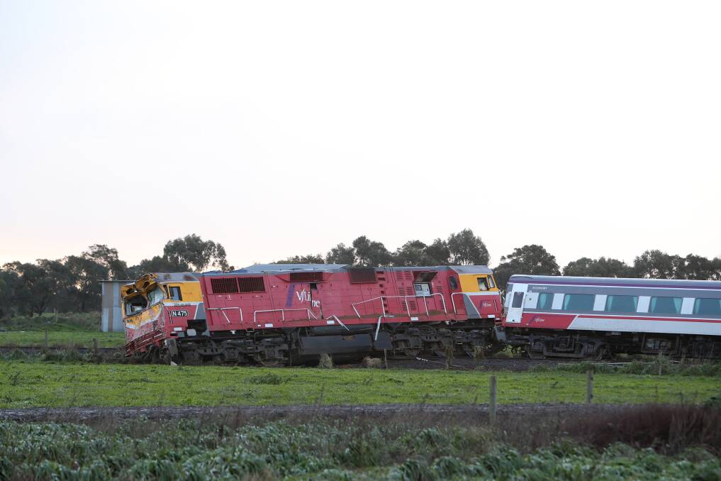 A V/Line train was derailed after it collided with a truck at Pirron Yallock's Phalps Road crossing last month. Picture: Amy Paton