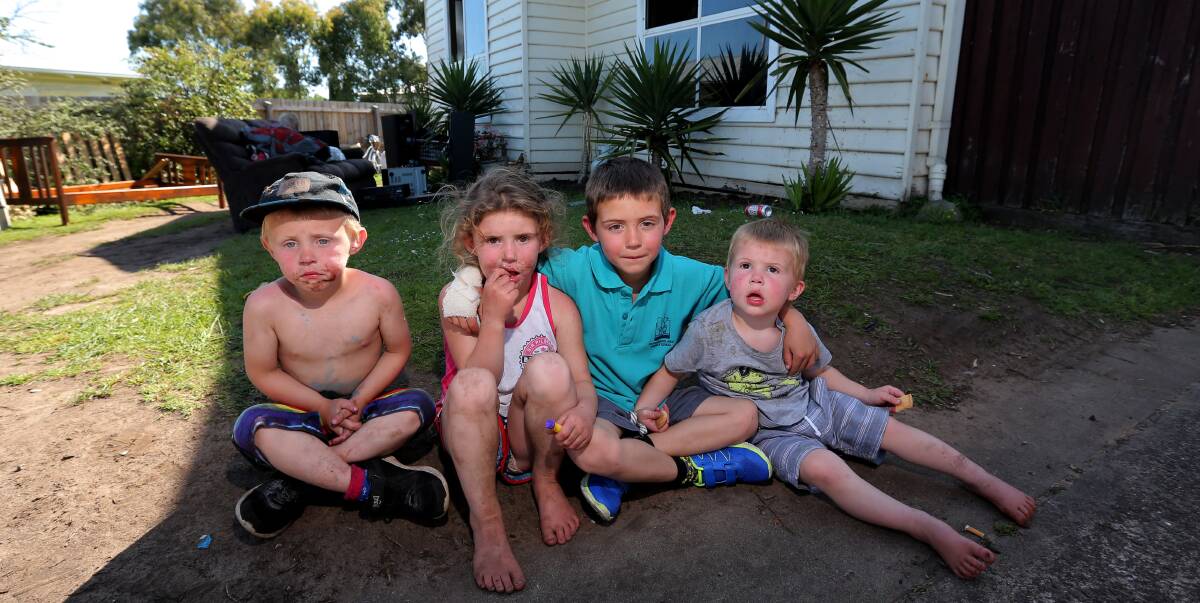 Lucky escape: Logan Young, 3, Taylor Young, 4, Jaawan Young, 6, and Sam Young, 2, were pulled from their West Warrnamboool home on Monday by their mother after a mattress caught on fire. Picture: Rob Gunstone