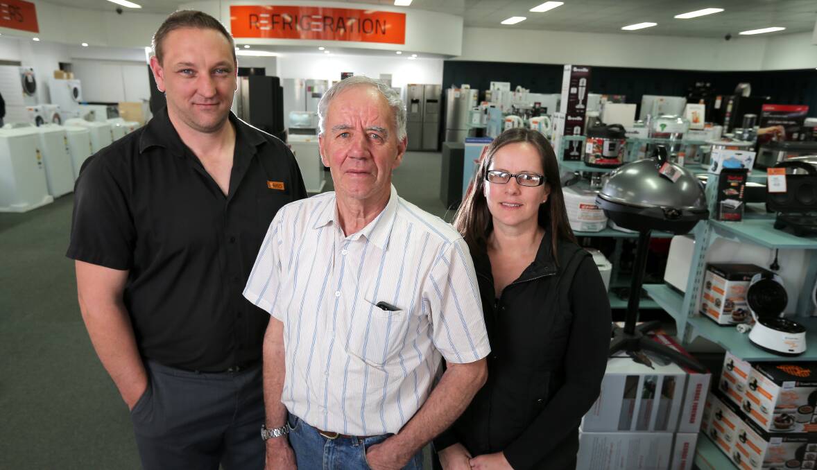 Thank you: Jason Russell, Rob Askew and Leesa Russell plan to close the doors at Warrnambool's iconic Leahy's Home Living store after more than 60 years for the final time on November 11. Picture: Rob Gunstone