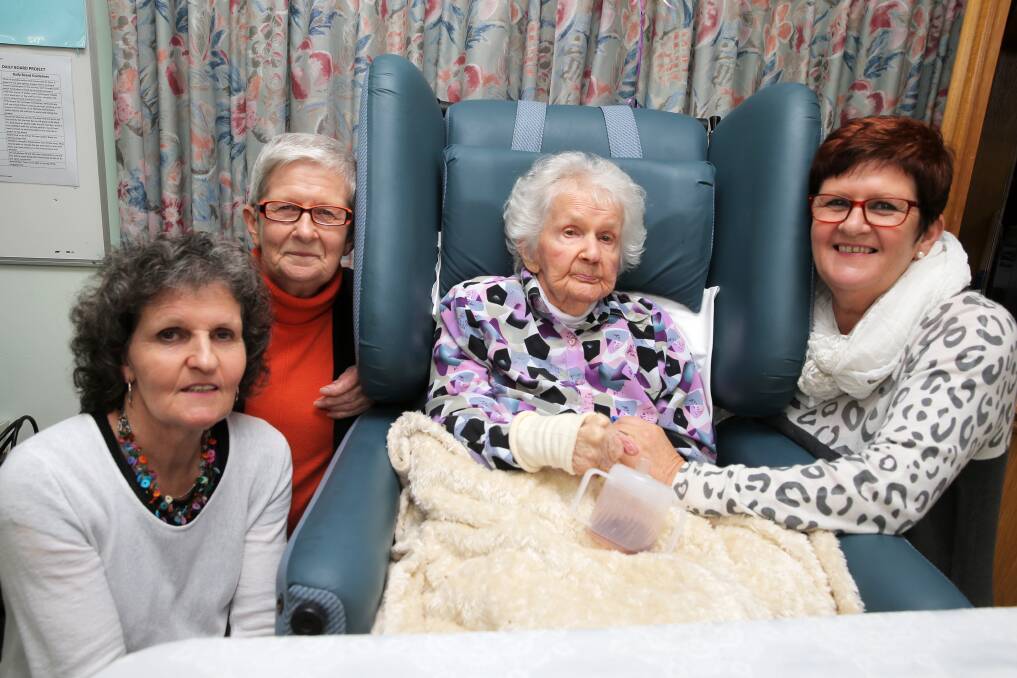 Milestone: Eileen Alsop (centre) celebrated her 100th birthday with her daughters Gail Taylor, Lorraine Buckingham and Janine Cameron at the Mount View Aged Care Facility in Terang. Picture: Rob Gunstone
