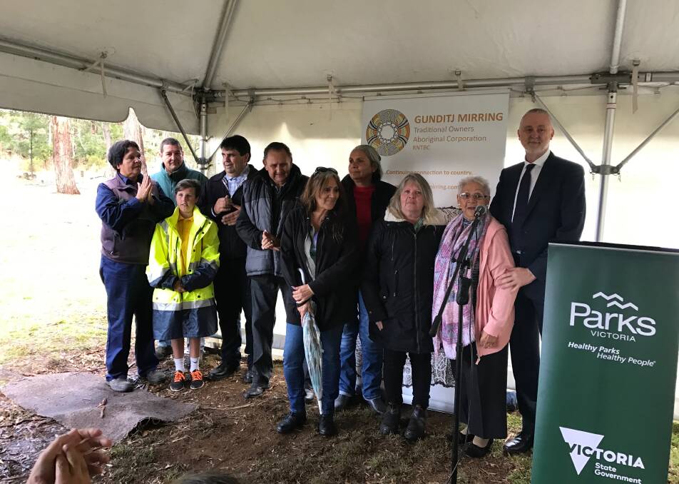 Welcome news: Special Minister of State Gavin Jennings with Gunditjmara representatives at a ceremony to mark renaming Mount Eccles and Mount Eccles National Park to Budj Bim.