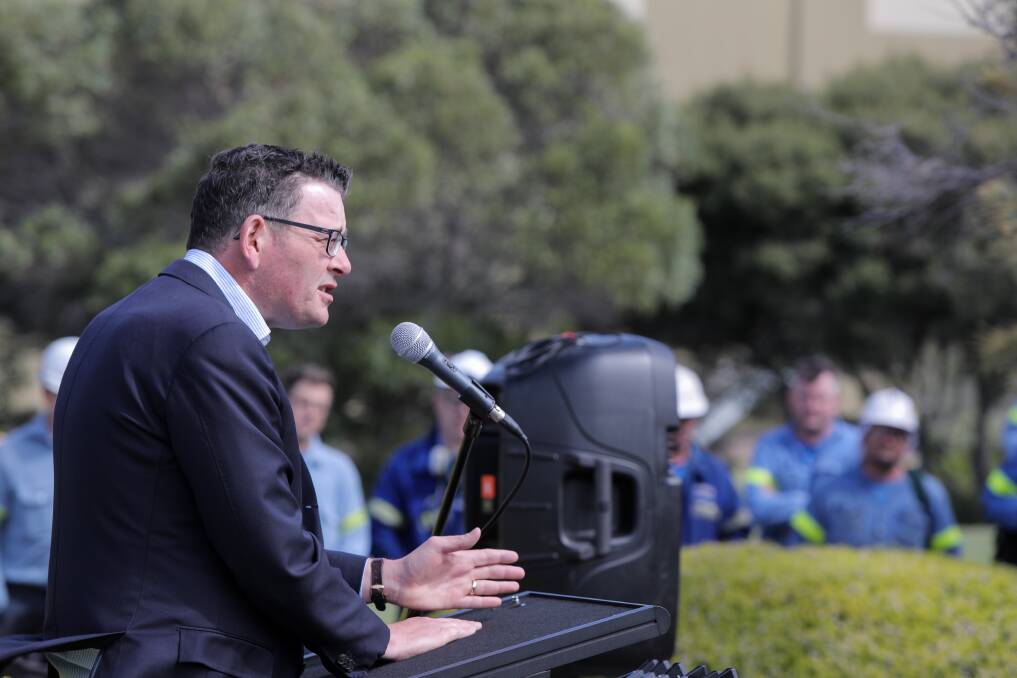 Thanks: Premier Daniel Andrews addresses workers at Porltand's aluminium smelter for the second time in almost nine months. Picture: Rob Gunstone