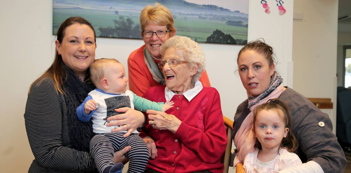 Generations of care: Liz Coolahan with baby Ari, Susan Coolahan, Marie Milroy and Joanne Kenna with daughter Lexi, two. Picture: Rob Gunstone