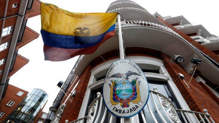 The Ecuadorian flag flies outside the Ecuadorian embassy in London, where Julian Assange has lived since 2012. Photo: Kirsty Wigglesworth