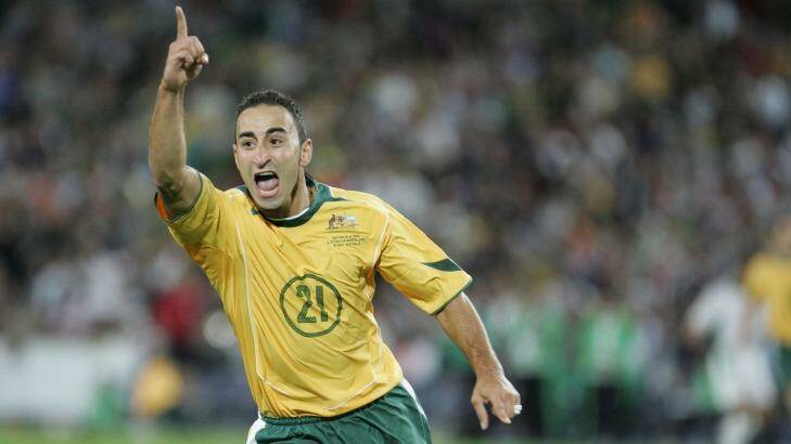 Ahmad Elrich celebrates after scoring the winning goal against Iraq in Sydney in 2005. Photo: Tim Clayton