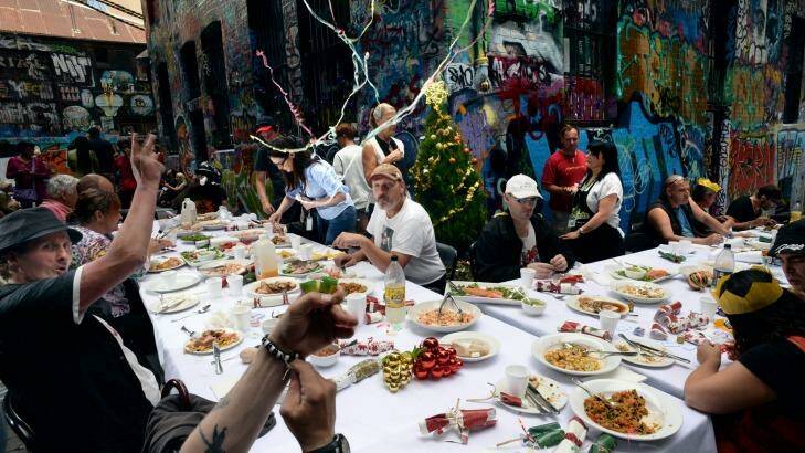Chef Andrew Blake serves lunch for the homeless in the Melbourne CBD. Photo: Penny Stephens
