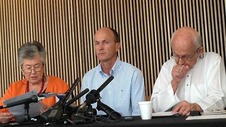 Lois and Juris Greste, with son Andrew (middle), address the media. Photo: Marissa Calligeros