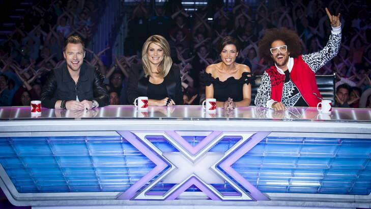 <i>The X Factor</i> on Channel Seven brings back the same judging panel: Ronan Keating, Natalie Bassingthwaighte, Dannii Minogue and Redfoo. Photo: Supplied