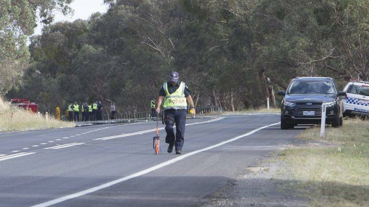 Police at the scene of the fatal accident at Pyalong. Photo: James Boddington
