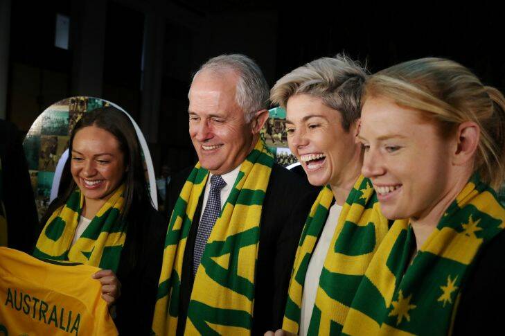 Prime Minister Malcolm Turnbull with Matildas Kyah Simon, Michelle Heyman and Clare Polkinghorne at Parliament House in Canberra for the announcement of the 2023 bid for the Women's World Cup in Australia on Tuesday 13 June 2017. Photo: Andrew Meares 