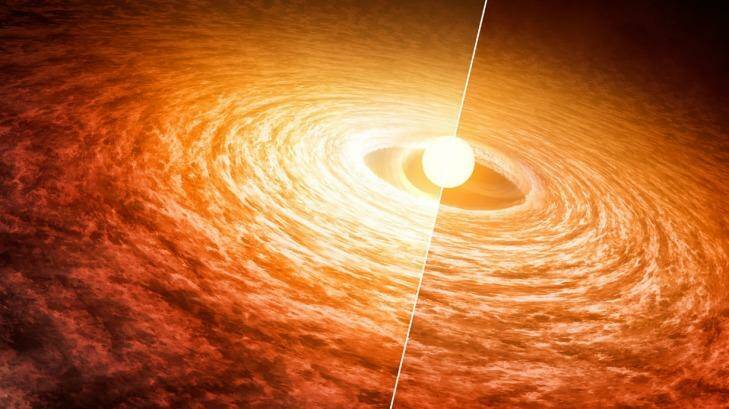 FU Orionis, a similar star to CX330, is a few hundred thousand years old. It is possible our sun also went through a period of intense brightening followed by dimming.
 Photo: NASA/JPL, artist's impression