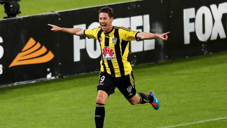 Nathan Burns of the Phoenix celebrates his goal during the round five A-League match between the Wellington Phoenix and the Western Sydney Wanderers. Photo: Hagen Hopkins