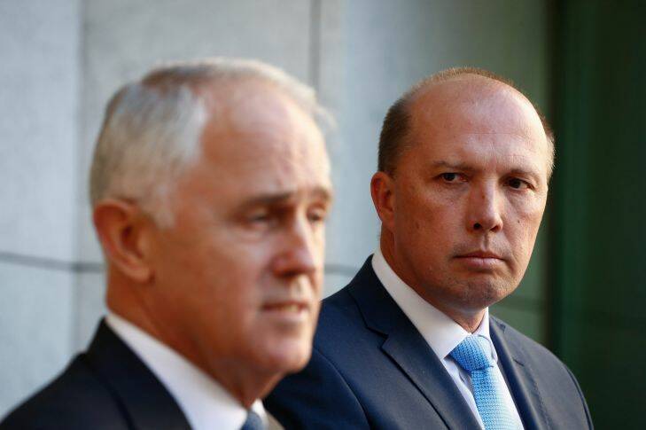 Prime Minister Malcolm Turnbull and Immigration Minister Peter Dutton address the media during a press conference at Parliament House in Canberra on Tuesday 18 April 2017. fedpol Photo: Alex Ellinghausen Photo: Alex Ellinghausen