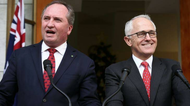 Deputy Prime Minister Barnaby Joyce and Prime Minister Malcolm Turnbull are all smiles as they announce the Greens deal to secure the passage of the backpacker tax. Photo: Alex Ellinghausen