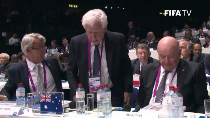Frank Lowy, the head of Football Federation Australia, casts his ballot during the vote for the next president of FIFA in Zurich on Friday. Photo: Courtesy FIFA TV