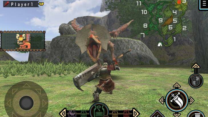 Battle huge lizards and weirdo touch controls in <i>Monster Hunter Freedom Unite for iOS</i>.