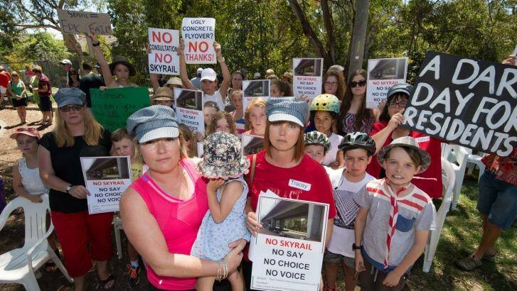 Residents Karlee Browning and Tracey Bigg attend a protest against a proposed sky rail on the Pakenham line Photo: Penny Stephens