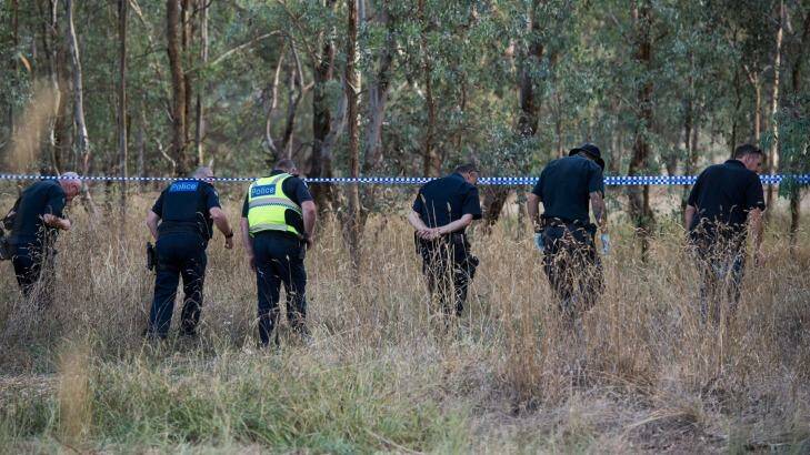 Police search bushland near where the man was shot. Photo: Mark Jesser