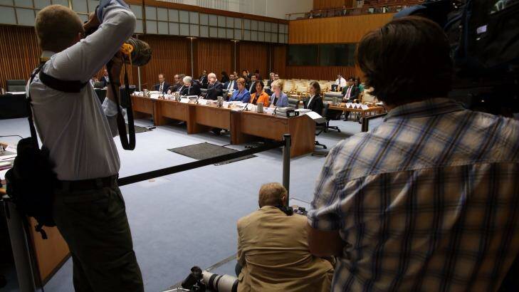 Journalists were kept in a pen to observe Gillian Triggs appear at Senate estimates last month. Photo: Andrew Meares