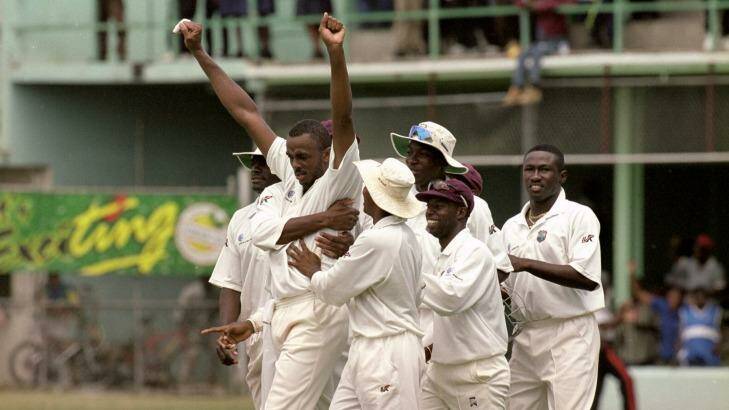 Courtney Walsh of the West Indies celebrates a wicket.  Photo: Laurence Griffiths/Allsport