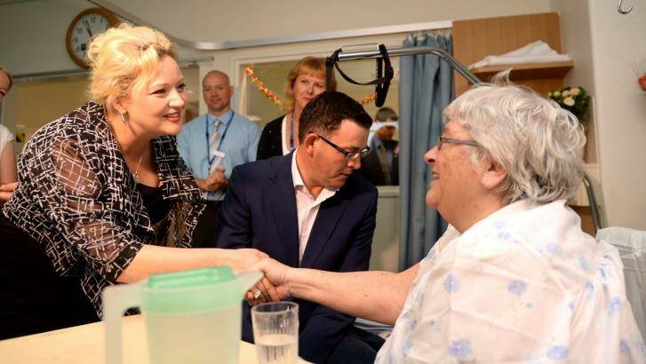 Victorian Premier Daniel Andrews and Health Minister Jill Hennessey chat with patient June Maher at Frankston hospital during a tour in December 2014. Photo: Penny Stephens