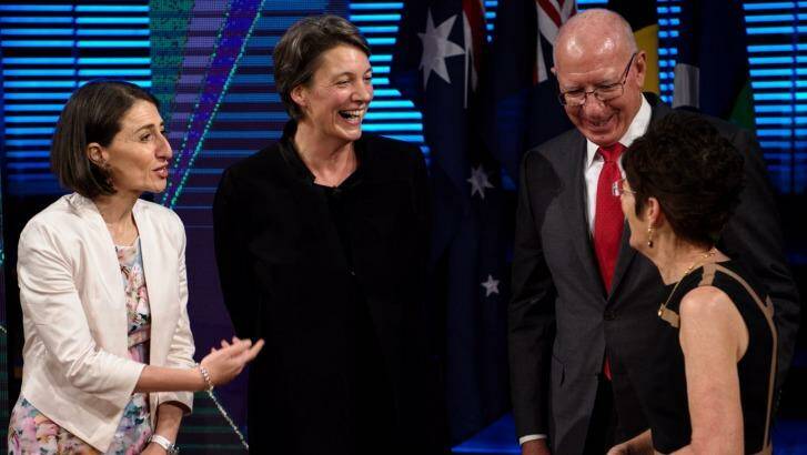 NSW Premier Gladys Berejiklian speaks with Professor Michelle Simmons, Governor David Hurley and his wife Linda after the 2017 Australia Day Address. Photo: Wolter Peeters