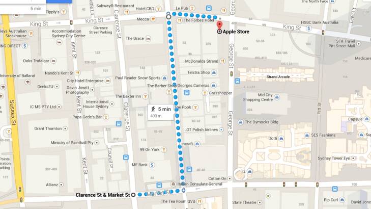 This is how far the Apple store Sydney line stretched on Friday morning and its exact route. Photo: Ben Grubb