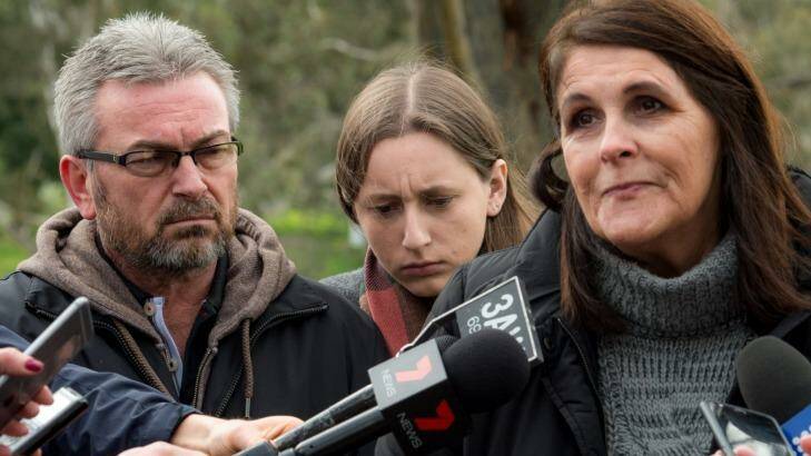 Karen's husband, Borce, their daughter, Sarah, and her aunt Patricia Gray, speak to the media last year. Photo: Penny Stephens