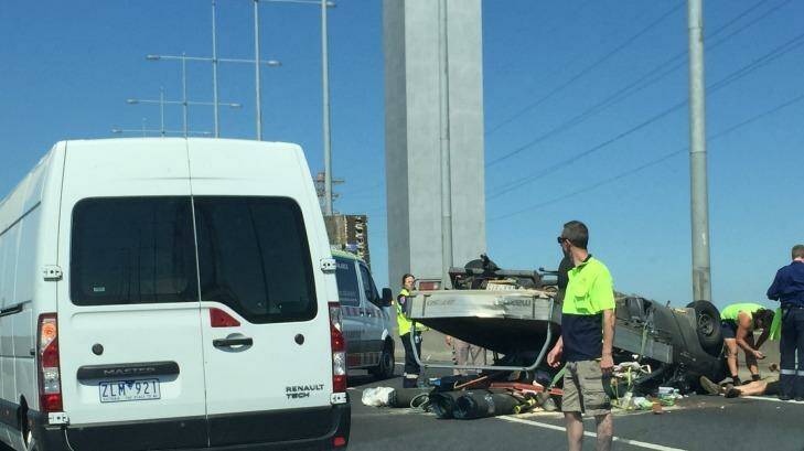 The accident scene on the Bolte Bridge on Wednesday morning. Photo: Tammy Mills