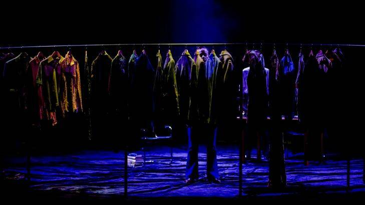 Set changes in <i>Betrayal</i> are covered by the rumbling movement of a huge circular clothes rack Photo: Jamila Toderas