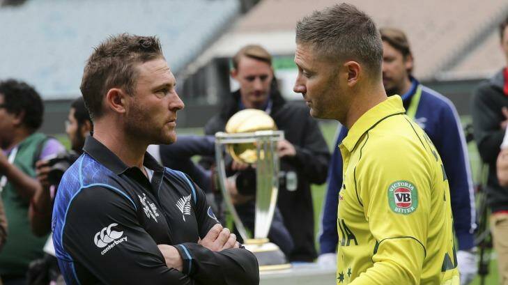 Eyes on the prize: Captains Michael Clarke and Brendon McCullum.  Photo: Rob Griffith