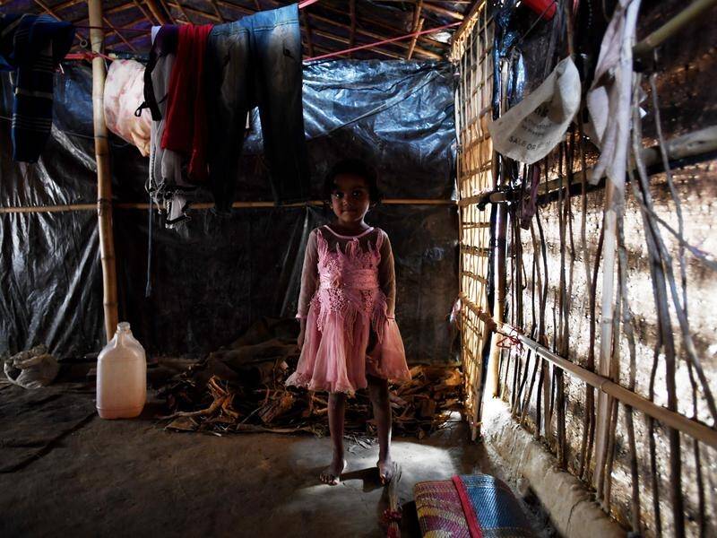 Four-year-old Rohingya refugee Dillnewaz in her shack at the Balukhali refugee camp in Bangladesh.
