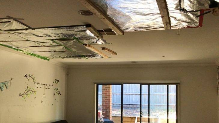 A patched-up ceiling in a new townhouse in South Morang, where water crashed through the ceiling during the December 29 storm. Photo: Supplied.