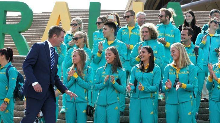 Pride: Olympic athletes are welcomed home by NSW Premier Mike Baird. Photo: Ben Rushton