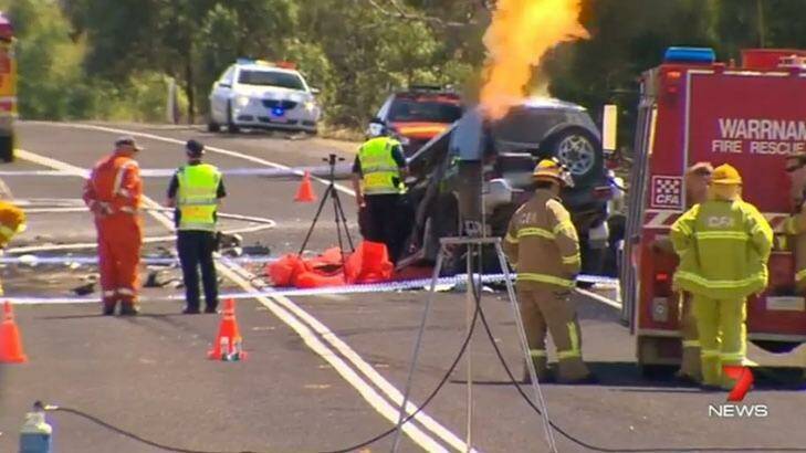 Emergency services at the scene of the crash on the Glenelg Highway at Tarrington. Photo: Courtesy of Seven News