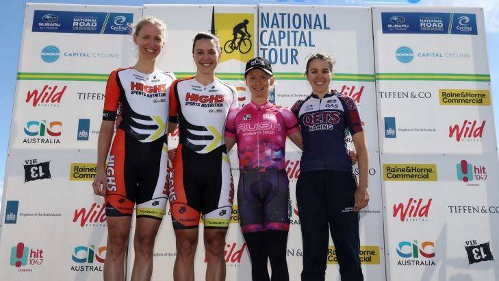 Rebecca Wiasak, second from left, won the Googong time trial in the first stage of the National Capital Tour. Photo: Con Chronis