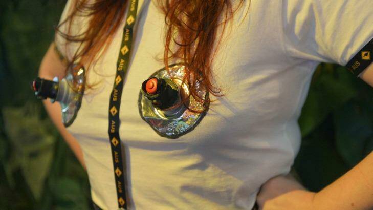 Lia Tabrah made herself a 'goon boob' T-shirt from a cask wine goon bag. Photo: Joe Armao
