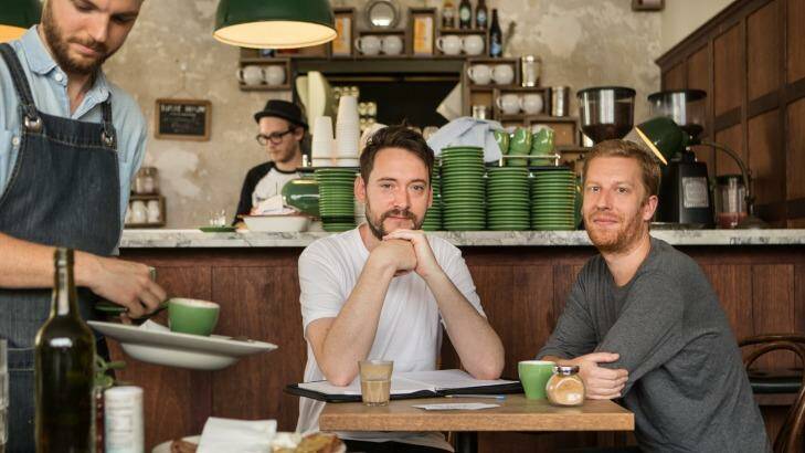 Need A Barista founders Alex Bray (left) and Tom Gould at Little Henri cafe in Northcote. Photo: Simon Schluter