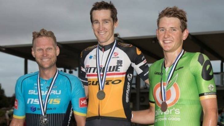 Canberra Cycling Club Championships A-grade winners. Ben Hill (first), Stuart Shaw (second), Sean Whitfield (third). Photo: Adrian Marshall