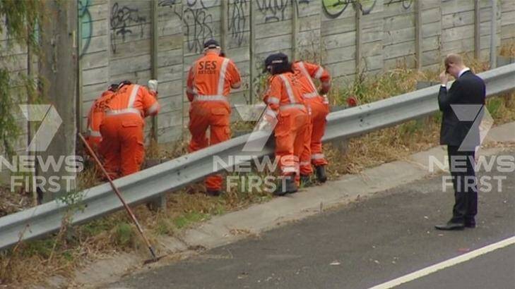 Police search the Frankston Freeway on Friday. Photo: Channel Seven