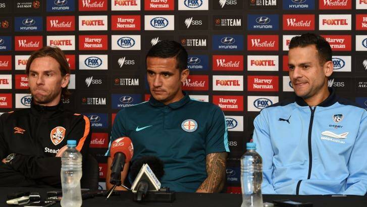Brett Holman of Brisbane Roar, Tim Cahill of Melbourne City and Bobo of Sydney FC  at AAMI Park on Wednesday. Photo: Vince Caligiuri/Getty Images