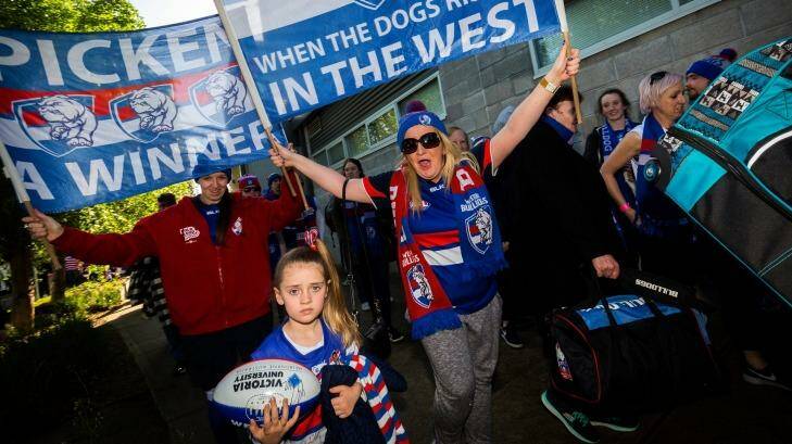Bulldogs supporter Nicole Moore arrives at Whitten Oval last weekend after a bus trip to Sydney to watch the Doggies' preliminary final defeat of GWS, Photo: Chris Hopkins
