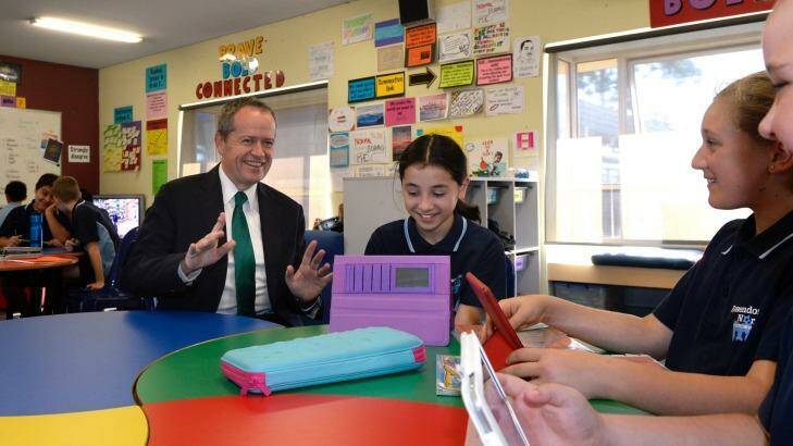 The Federal Opposition leader Bill Shorten visited Primary school students to discuss coding.  Photo: Penny Stephens
