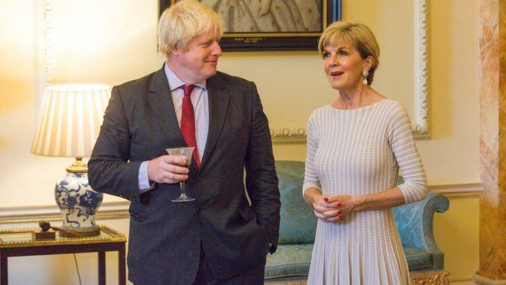 Boris Johnson listens as Julie Bishop speaks at 10 Downing Street on Thursday. Photo: Australian High Commission