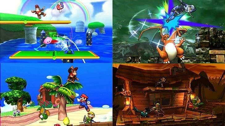 Nintendo worlds collide in <i>Super Smash Bros</i>, with characters from series like <i>Mario</i>, <i>Zelda</i>, <i>Pokemon</i>, <i>Donkey Kong</i> and many more gathering to do battle.