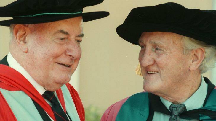 Mr Whitlam, pictued with Mr Uren, after he received an honorary degree from Charles Stuart University. Photo: Peter Rae
