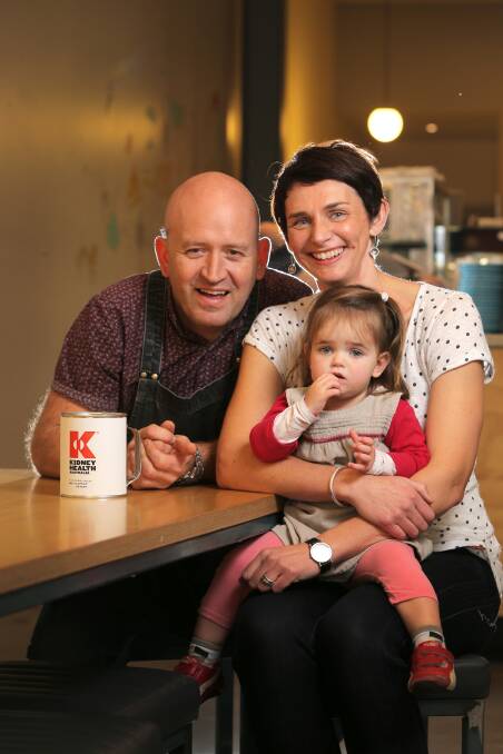 Brightbird Caf owners Mark and Katrina Brightwell, with daughter Mira, 2, will today donate $1 from every coffee sold to Kidney Health Australia. Picture: ROB GUNSTONE 