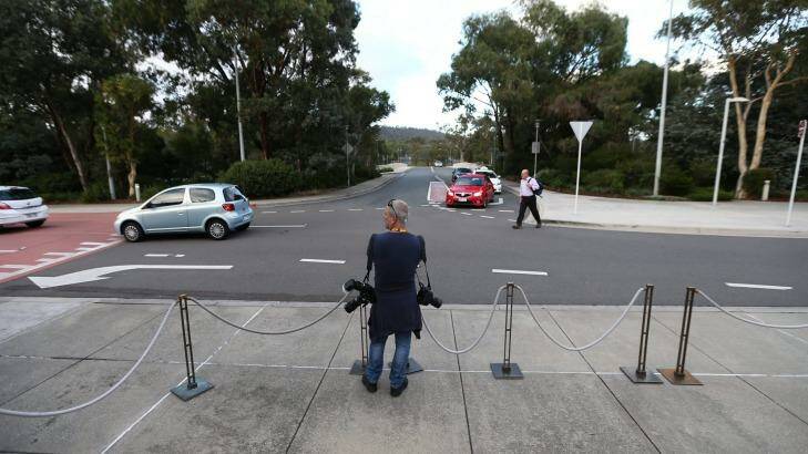 Media pen at ministerial entrance at Parliament House in Canberra. Photo: Alex Ellinghausen