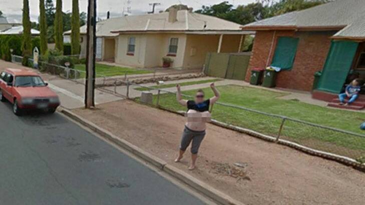 Before: A woman proudly posed topless as Google took shots of Port Pirie streets in South Australia.